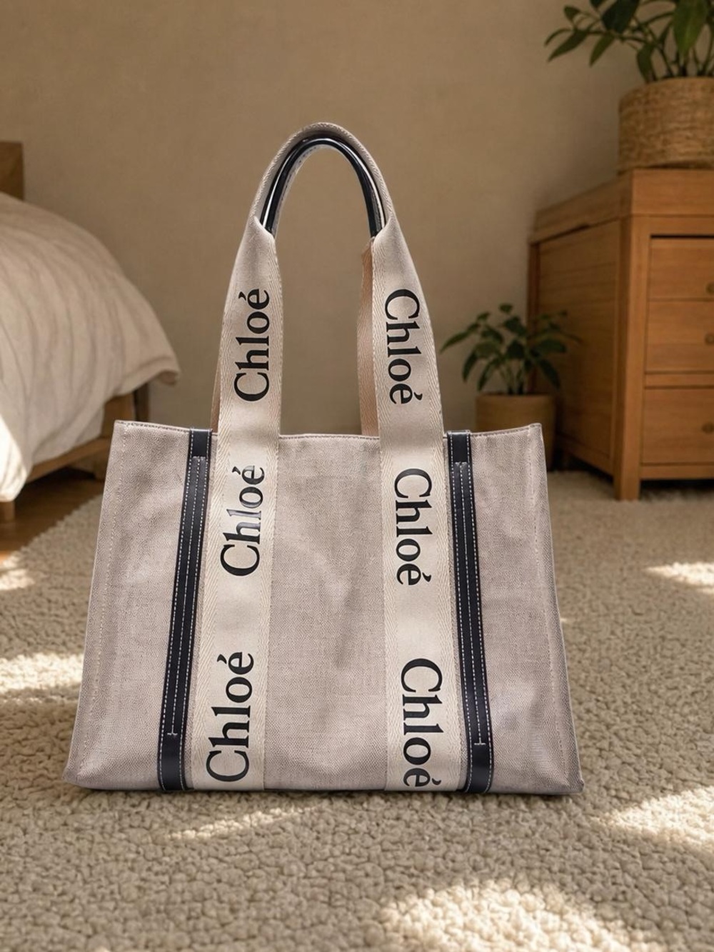 Chloé Beige Canvas Tote with Black Trim and Logo Straps